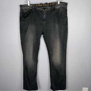 Rock Revival Jeans Men’s 42x33 Dan Alt Straight Faded Black Embroidered Grunge